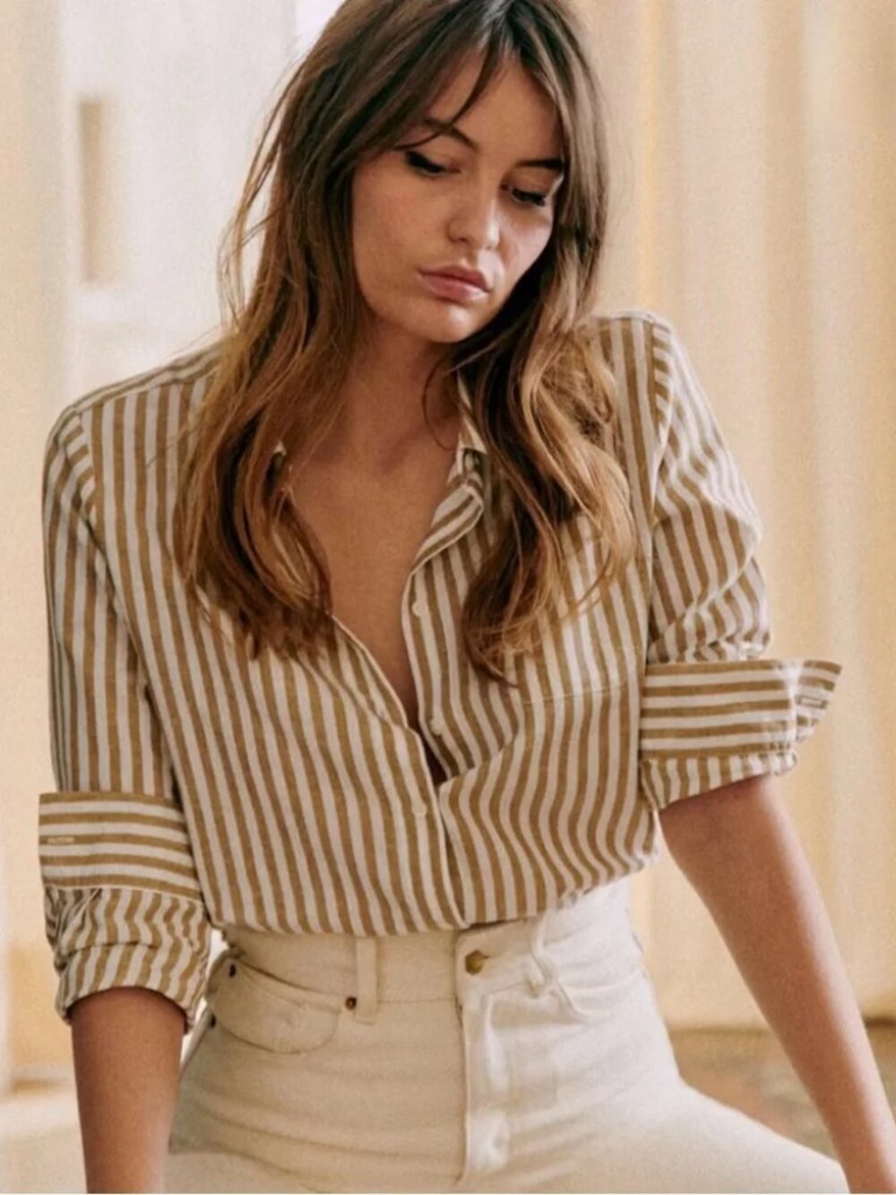 Sezane Tomboy shirt ecru camel stripes 40/8
